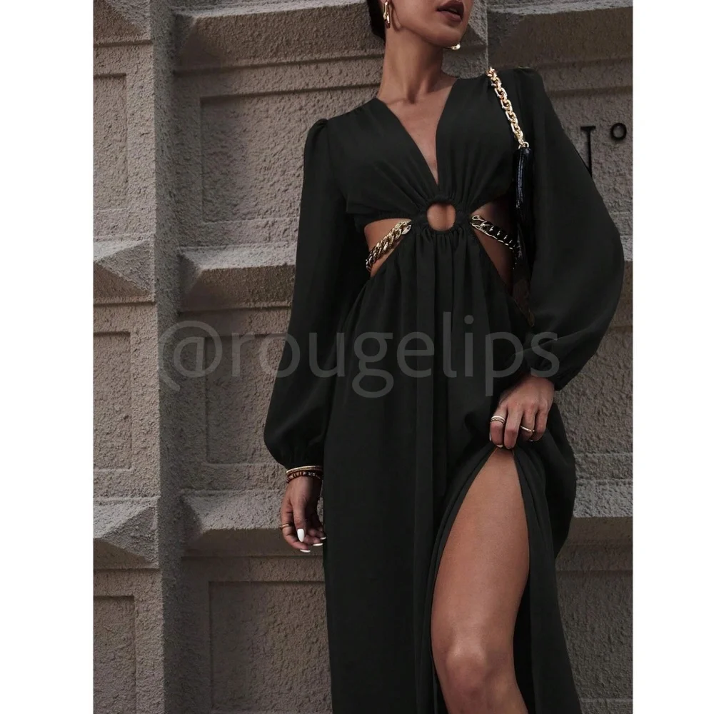 Black Maxi Dress Chain Strap Detail Cut Out Long Lantern Sleeve Leg Slit - Picture 4 of 7